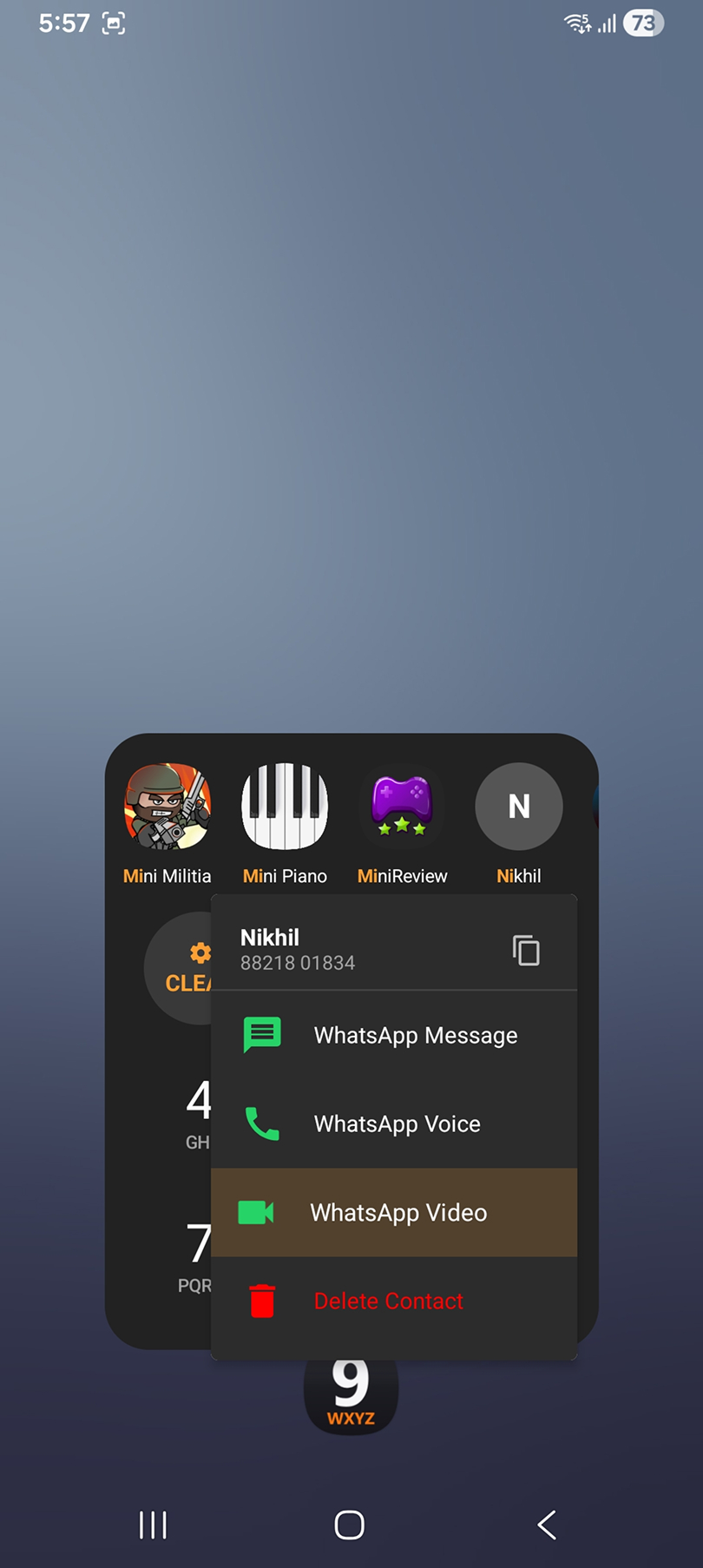 Long-press menu on a contact showing WhatsApp actions